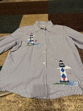 Blair Blue and White Striped Lighthouse 3/4 length Button Down Shirt